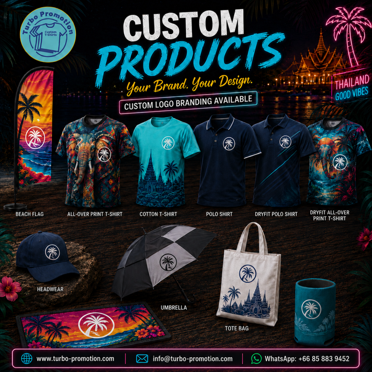 11-custom-promotional-products-thailand-tshirts-polos-caps-tote-bags-umbrellas-beach-flags-koozies-bar-mats-turbo-promotion