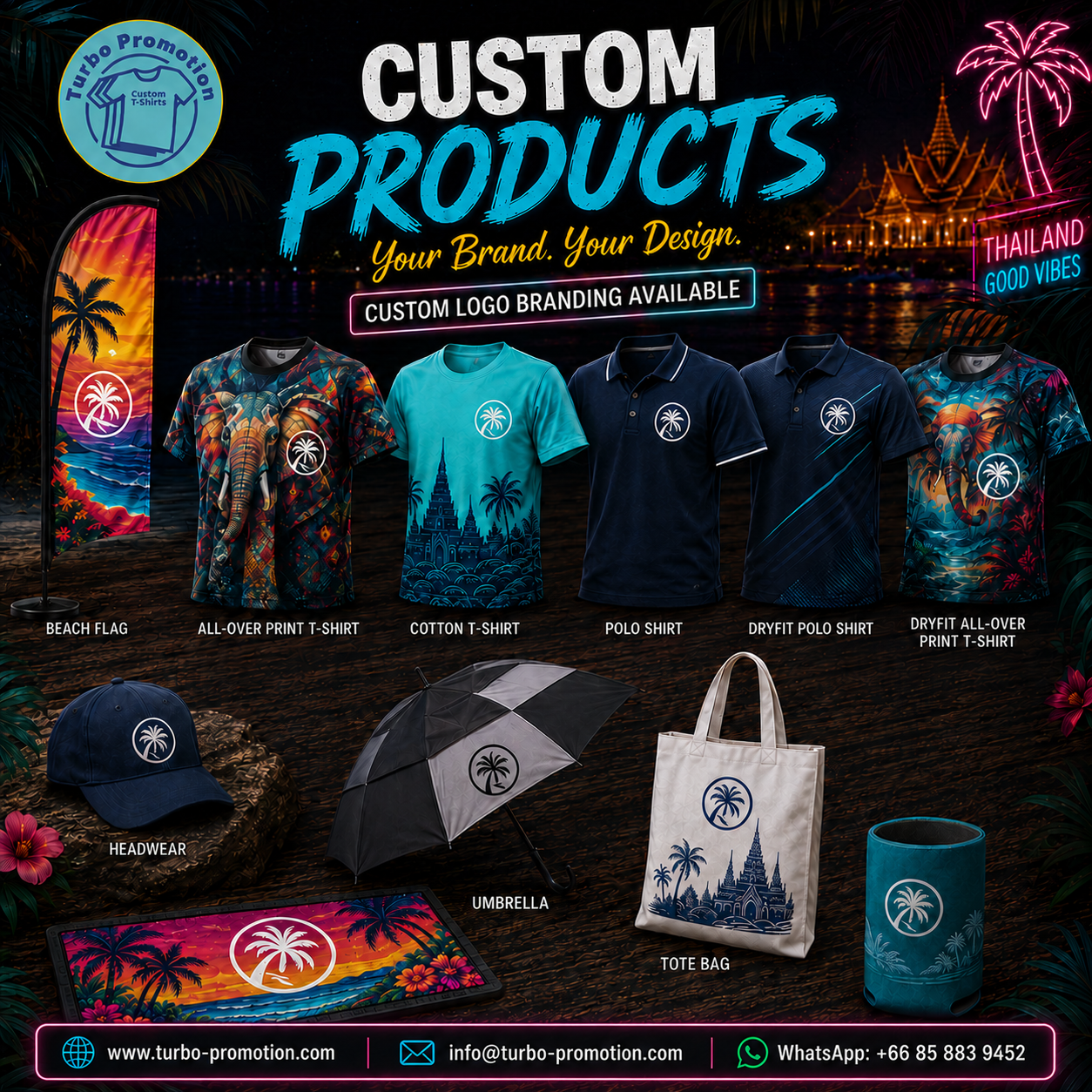 11-custom-promotional-products-thailand-tshirts-polos-caps-tote-bags-umbrellas-beach-flags-koozies-bar-mats-turbo-promotion